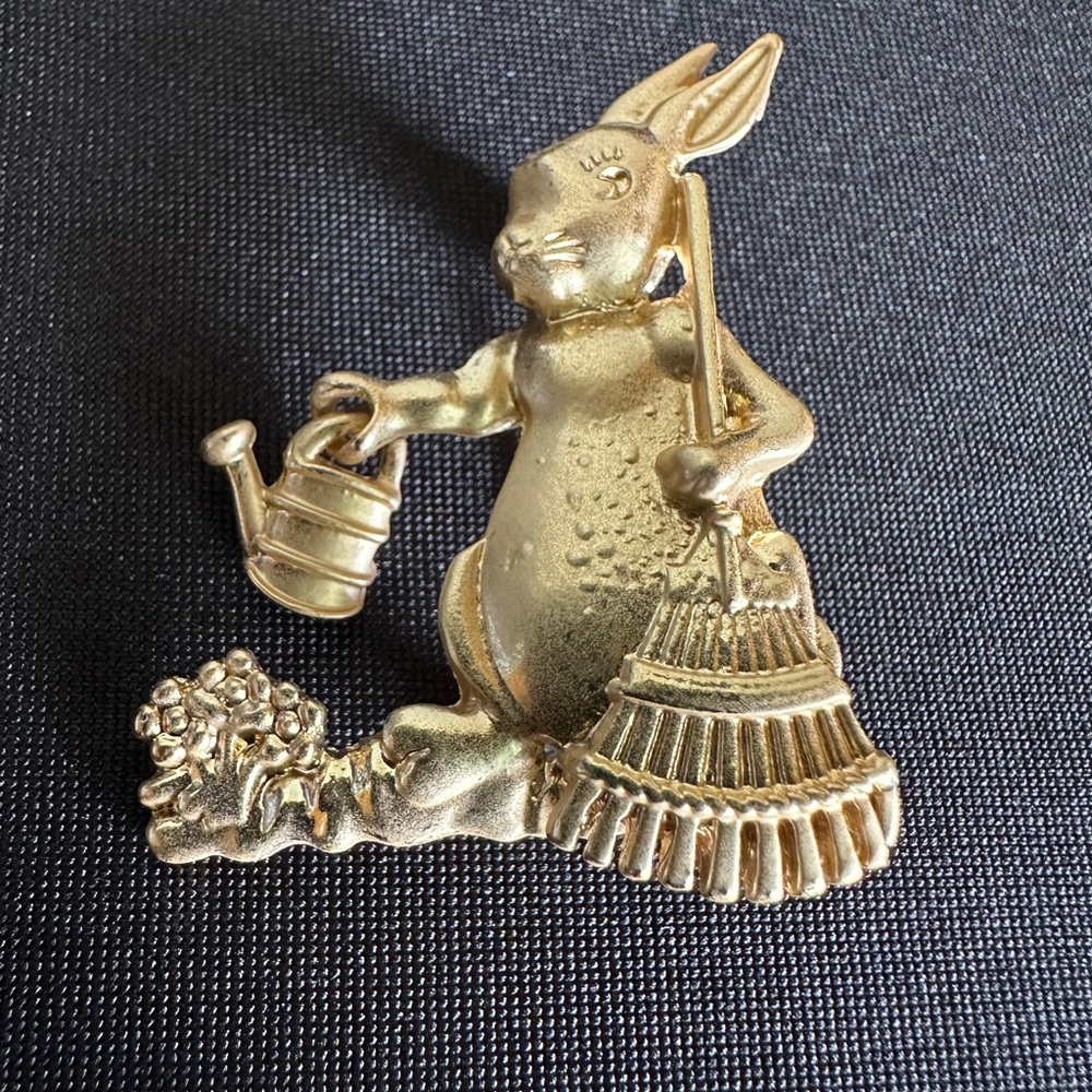 Gold Bunny with Watering Can Brooch